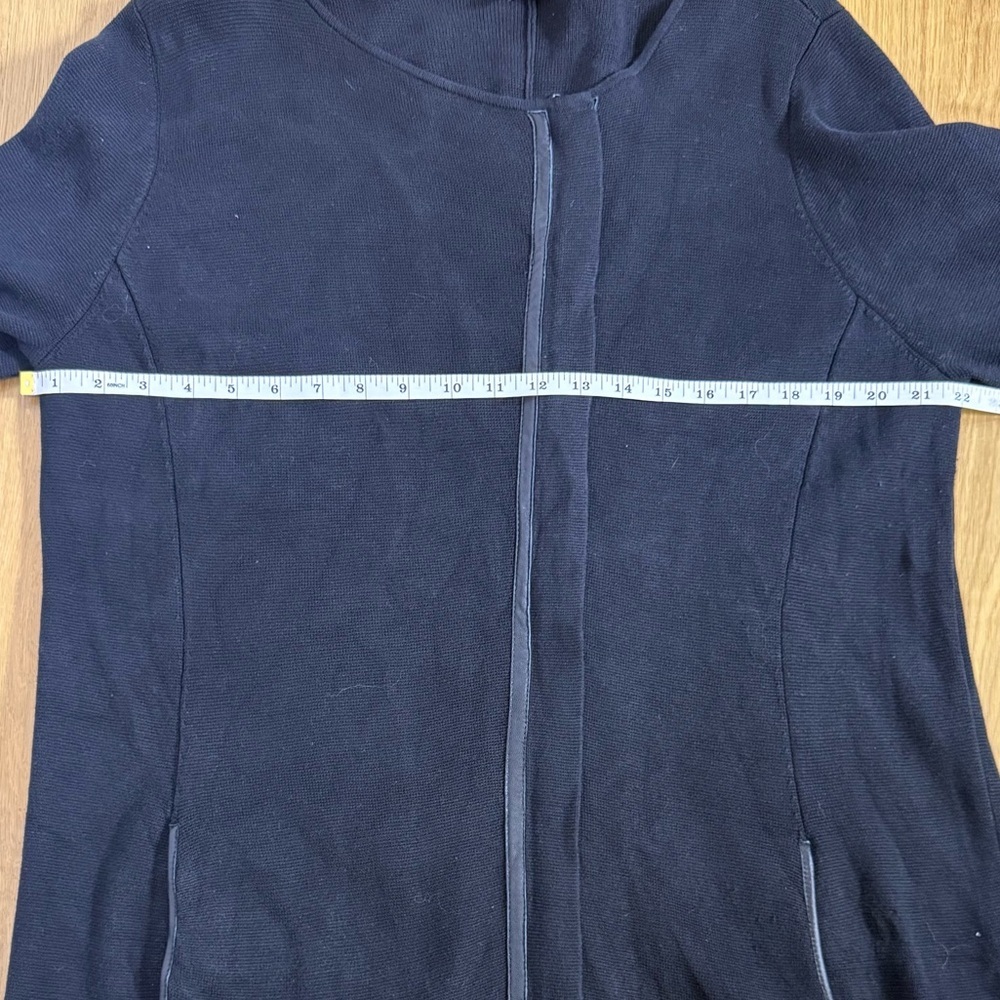 Eileen Fisher Long Knit Cardigan Jacket, Black Silk-Cotton Blend leather trim XL - Picture 7 of 12